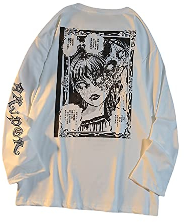 Gothic Cartoon Horror Graphic T-Shirt Donna Carattere Stampa Allentato Punk Giapponese Pullover Top Harajuku Street Tees (Bianco, L)