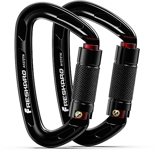 FresKaro Moschettone Arrampicata 25kN, Moschettoni Portachiavi Alluminio, Autobloccanti Twist Lock, UIAA e CE Certificato, Professionali Sicura Ganci, Per Roccia, Alpinismo, 2 Pezzi, Grandi, Nero