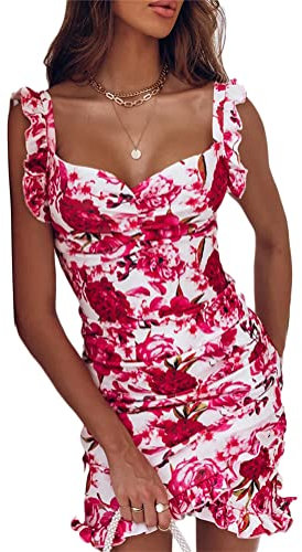 Onsoyours Robe Femme Élégant Imprimé Floral Robe Col V Sexy sans Manches Manches Longues Mini Robe Lâche Moulante Chic Robe De Soirée Cocktail Été A Rose S