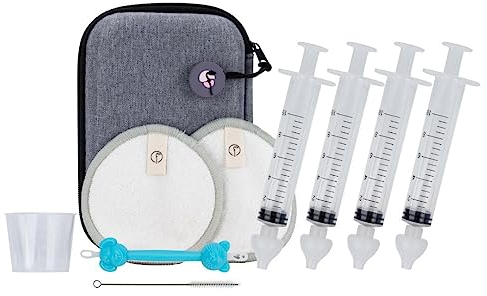 4 Seringue nasale bebe avec embouts silicone + lingettes nettoyantes coton bambou + cure oreille nez + doseur + trousse de soin bebe | lavage nez, mouche bebe manuel, coffret naissance