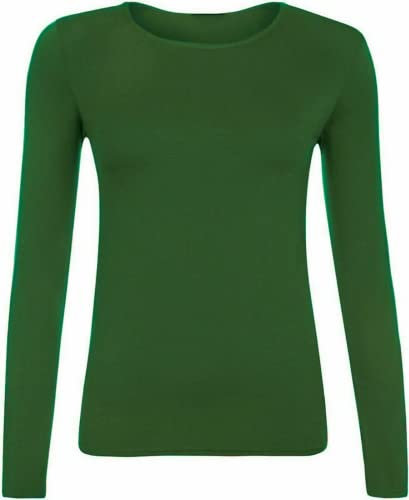 STAR FASHION Women Ladies Long Sleeve Round Neck Plain Top Stretchy Casual T Shirts Basic Slim fit Tee Tops UK Size 12-14 - Bottle Green