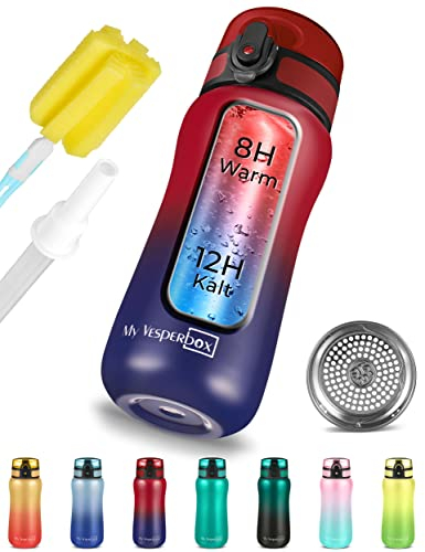 My Vesperbox - Edelstahl Thermos Trinkflasche auslaufsicher - mit Strohhalm oder Sieb - 400 ml, 600ml - BPA FREI - für Kindergarten, Schule (Rot - Blau, 400 ml)
