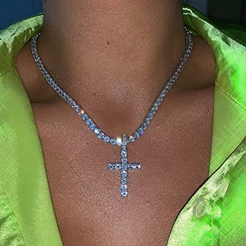 Inateannal Collana con croce di diamanti per donne e uomini scintillante collana da tennis con zirconi cubici CZ ciondolo collana catena punk hip hop accessorio
