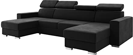MEBLINI Schlafcouch mit Bettkasten - Ecksofa mit Schlaffunktion - Sofa mit Relaxfunktion und Kopfstützen - Couch U-Form - Eckcouch - Wohnlandschaft - Voss - 306x168x79cm - Schwarz Samt