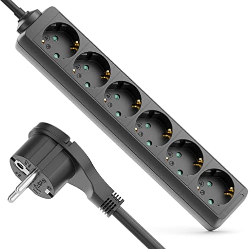 deleyCON Multiprise à 6 Compartiments avec Fiche Plate Barrette d'alimentation pour Usage Intérieur Câble de 3,0m Fiche à Contact Plat Boîtier en Plastique Robuste Noir