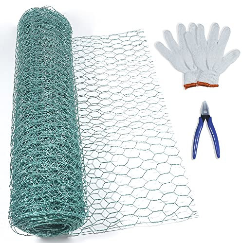 Chicken Wire Mesh Roll, 0.4x10m Green PVC Coated Wire Mesh Fencing, Garden Meshs Fencing Hexagonal with Pliers & Gloves