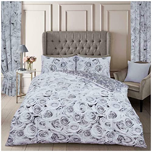 VELVETIO Bellerose Floral Duvet Cover Set with Matching Pillowcases, Reversible English Rose Bedding Sets, Soft Breathable Poly Cotton Flower Bedset, Double Size Quilt, Grey