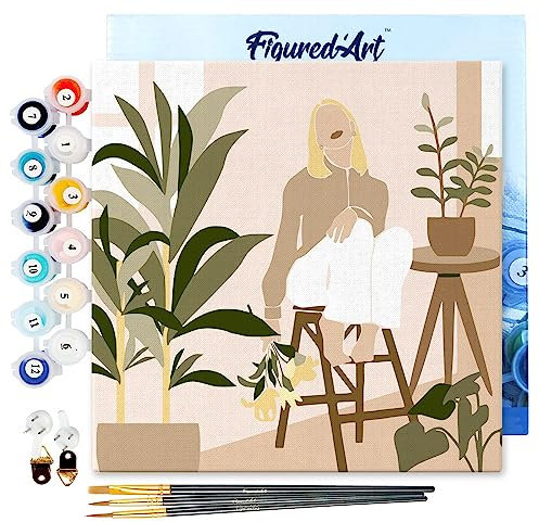 Figured'Art Mini Peinture par Numéro Adulte 20x20cm avec cadre Femme et Bouquet - Petit Format Kit de Loisir Créatif DIY Numéro d'Art Complet