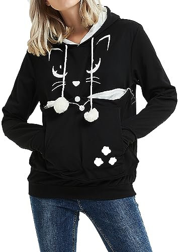 AMOYUN Schwarz Frauen Kapuzenpullover mit Katzen Hund Großen Tasche, Mode Unisex Katze Ohr Langarm Hoodie Sweatshirt Kapuze Hoodie Hundetasche für Haustier Hund Katze Halter…