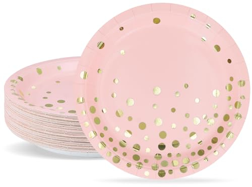 ZVK Assiettes de fête, 18cm Assiettes en papier jetables Lot de 50 Rose avec feuille d’or Assiette à dessert Vaisselle de fête