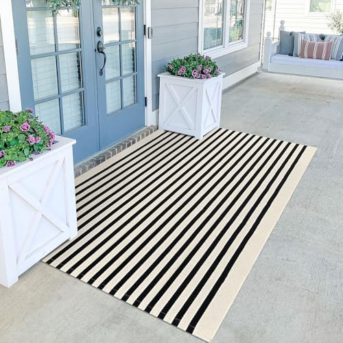 KILOCOCO Beige Striped Rug 4x6 Indoor Outdoor Front Door Rugs Hand Woven Cotton Washable Striped Layered Doormats for Front Porch Kitchen Farmhouse Entryway Patio