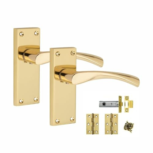 Golden Grace Victorian Scroll Astrid Door Handles Latch, Polished Brass | Includes 1 pair of 3-inch standard butt hinges and a 64mm tubular latch to provide easy fitting for interior timber doors.