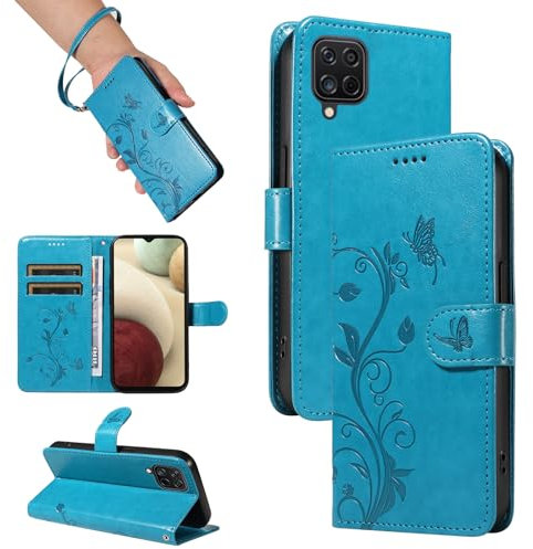 SRISHP Cover per Samsung Galaxy A12, Magnetica Cover a Libro con Slot per Schede, Custodia in PU Pelle Portafoglio per Galaxy A12, Blu