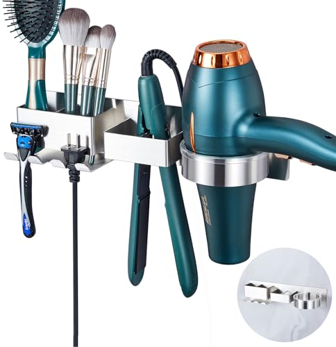 YYBO Föhnhalter Wand Ohne Bohren, Föhn Halterung für Haartrockner und Glätteisen, Fönhalter Ohne Bohren, Edelstahl Haartrockner Halterung mit Fächern Aufbewahrung & Kabelhalter, Glätteisen Halterung