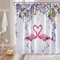 NYDSZNE Duschvorhang mit violetten Blumen, rosa Flamingo, Aquarell, Rosa, Lila, Ranke, Blumenmuster, Frühling, Natur, verträumte Badezimmer-Dekoration, Stoff-Duschvorhang mit Haken
