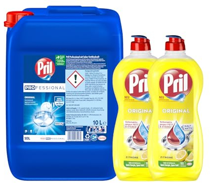 PRIL-Set 1x Professional Handgeschirrspülmittel Original (1x 10l) & 2x Original Zitrone (2x 675ml), Handgeschirrspülmittel-Set mit höchster Fettlösekraft, für sauberes Geschirr