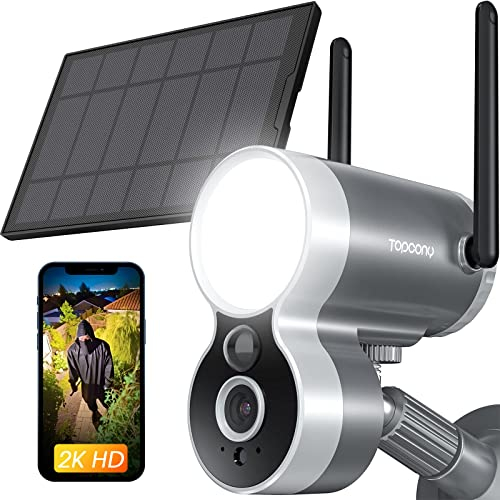 Topcony 2K Caméra de Surveillance Extérieure avec Batterie Rechargeable, Caméra de Sécurité Solaire sans Fil, WiFi 2,4 GHz, Éclairage Intelligent, Détection de Mouvement PIR, Audio Bidirectionnel