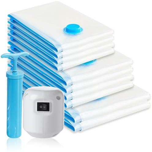 Geoyien Sacchetti sottovuoto vestiti, 10 Pezzi Buste sottovuoto vestiti, Sacchi sottovuoto vestiti, con pompa a vuoto elettrica e manuale, compressione rapida, per vestiti, trapunte (3 Misure)