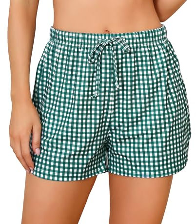 Wikoan Bas de Pyjama à Carreaux Femme Ete Short de Nuit avec Taille élastique Short de Pyjama Léger décontractée Shorts Vert Foncé M