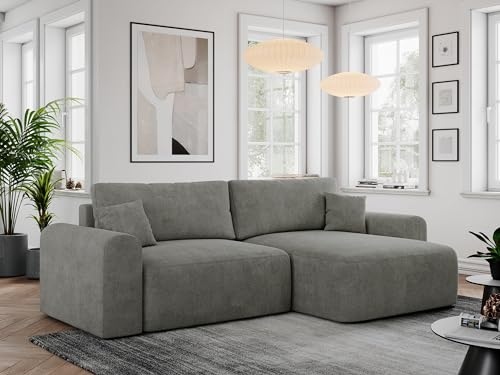 MKS MEBLE Sofa L-Form, Ecksofa mit Schlaffunktion, Wohnlandschaft L-Form mit Kissen, Couch L-Form - Nelson - Grau Struktur