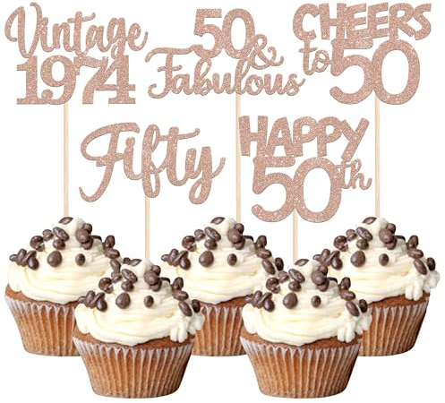 30 Stück Vintage 1975 Cupcake Toppers Glitzer Happy 50th Geburtstag Tortendeko Cheers to 50 Fabulous Fifty Kuchen Deko für 50th Geburtstag Hochzeit Jahrestag Party Rosegold