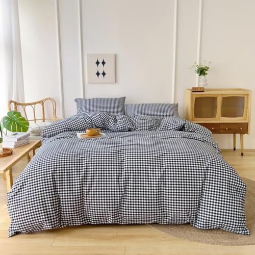 Ruccit Parure de lit 3 pièces avec housse de couette à carreaux 100 % coton lavé avec fermeture éclair et attaches de coin, douce et respirante pour très grand lit, noir