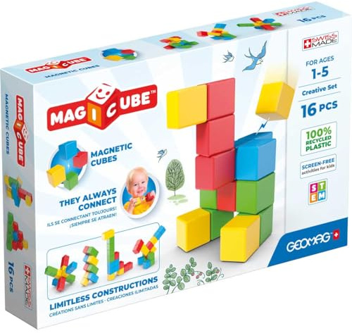 Geomag Magicube Kreative Magnete, 16 Stück Würfel in 4 Farben, ab 1 Jahr, Kleinkind-Bauset für Entwicklungsspiele