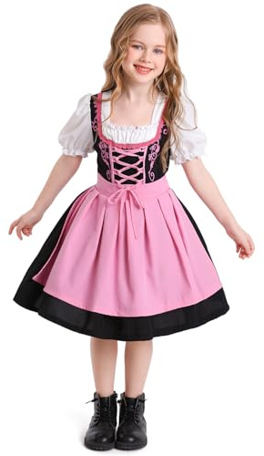 Odizli Dirndl pour fille à manches courtes blanc + tablier + jupe 3 pièces longueur genou tenue Oktoberfest, Rose, 8-10 ans