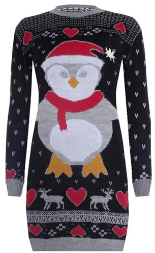 MBN Women Ladies Christmas Penguin Printed Xmas Ribbed Knitted Long Sleeve Jumper Mini Dress Penguin Print Black Small (UK 8)