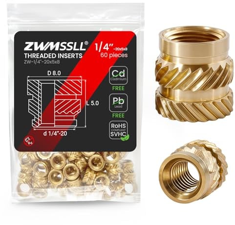 ZWMSSLL 1/4-20 Heat Set Gewindeeinsätze, 60 Stück 1/4-20x5x8 Heat Set Einsatz für 3D-Druckkomponenten und Kunststoffteile, Messing Knurled Muttern