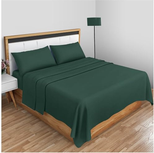 Non Iron Percale Single Flat Sheet - Polycotton Fabric Linen Bed Sheets- Anti Allergy Luxury Hotel Bedding Flat Sheets- Dark Green