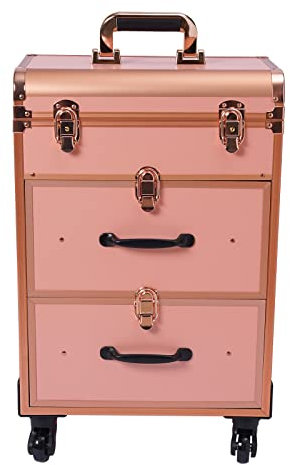 Garbenat Kosmetikkoffer Trolley Rollend Schminkkoffer 3 Lagen Make Up Koffer Aluminium-Legierung Kosmetik Trolley mit Schlössern Multi Schminkkoffer für Hairstylisten, Kosmetiker 36x23x58cm (Gold)