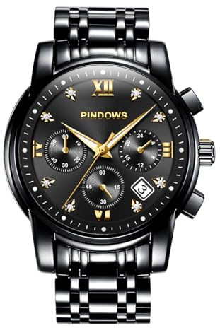 PINDOWS Herren-Armbanduhr, luxuriös, Quarz, analog, mit Datum, großes Zifferblatt, wasserdicht, modisch, Business-Armbanduhr, Kleid, zweifarbig, Edelstahl, klassische Herrenuhr, leuchtender Kalender