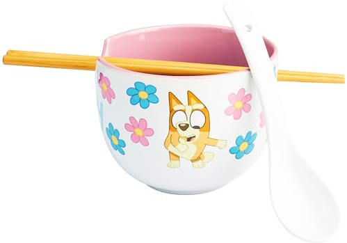 Get Trend Bluey Bol Ramen 600ml con Palillos y Cuchara, Juego 3 Piezas Cuencos Ceramica Japonés para Sopa Fideos Noodles, Vajilla Hogar y Cocina (Multi Bluey)