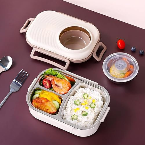 Shakub Brotdose 3 Fächern 1000ML,Bento Box die mit Heißem Wasser Beheizt Werden Kann,Auslaufsicher Lunchbox mit Besteckset,Brotdose für Kinder und Erwachsene,Frühstücksbox mit 200ML Suppenschüssel