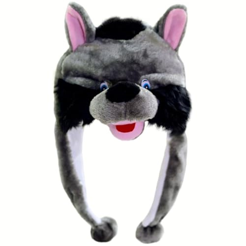 Naichuo Plush Animal Hat with Ear Flaps, Cozy Novelty Party Cap for for Kids Teens Adults Halloween Christmas(Wolf)