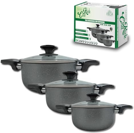 ARCA, Set 3 Pentole Antiaderenti con Coperchio, Casseruole in Allumino Adatte a Piani Cottura a Gas o Induzione, Lavabili in Lavastoviglie, Diametri 16/20/24 cm, Collezione Rockchef