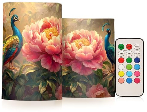 Mnsruu Flammenlose Kerzen Pfau Rosa Flwer Flügel LED Kerzen Flackern mit Fernbedienung Timer Batteriebetriebene Kerzen 2er Set Home Hochzeit Dekoration