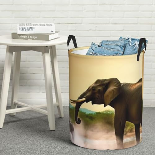 Afrika Elefant Wäschekorb, zusammenklappbar, rund, mit Griffen, freistehend, hoch, Wäschesack, Waschkorb, wasserdicht, Kleideraufbewahrungskorb für Decken, Spielzeug, Größe M