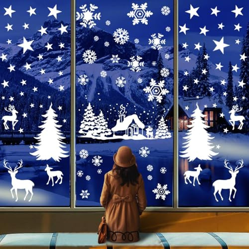 Singtis Fensterbild Weihnachten Selbstklebend - Wiederverwendbare Dekoration für Türen und Fenster mit Häuschen und Winterlandschaft，Fensterbilder Weihnachten Selbstklebend