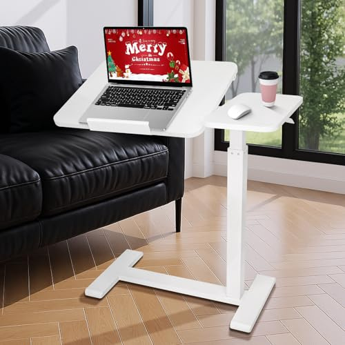 Pneumatischer Verstellbarer Betttisch mit Rollen, Geteilte Oberseite, neigbarer Nachttisch mit Rollplatte, für Laptop, Höhe 66-106 cm