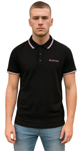 Firetrap Mens Polo T Shirt Cotton Short Sleeve Summer Wear with Ribbed Tipping Collar, Breathable Fabric, Stylish Fit for Casual, Office & Outdoor Use Black XL