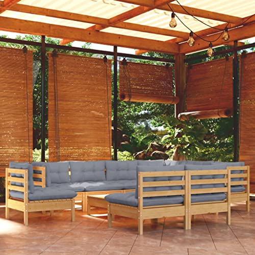 QJBSAVVA 10-teiliges Kiefer-Holz Gartenlounge Set mit grauen Polstern 63,5 cm modular Balkonmöbel Kleiner Balkon Terrassenmöbel Sitzgruppe Outdoor für Garten Terrasse Balkon