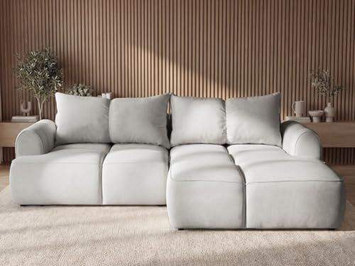 GRAINGOLD Boono Ecksofa 282x170 cm, L-Form Sofa, Ecksofa für Wohnzimmer, Veloursstoff, 4-Sitzer Eckcouch, Ecksofa mit Stauraum und Bettfunktion, Modernes Design (Grau, Rechts)