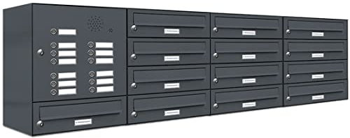 AL Briefkastensysteme 13er Briefkastenanlage mit Klingel Anthrazit Grau RAL 7016, Premium Briefkasten DIN A4, 13 Fach Postkasten modern Aufputz