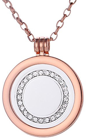Morella Damen Halskette Rosegold 70 cm Edelstahl mit Amulett und Coin 33 mm Glitzersteinring in Schmuckbeutel