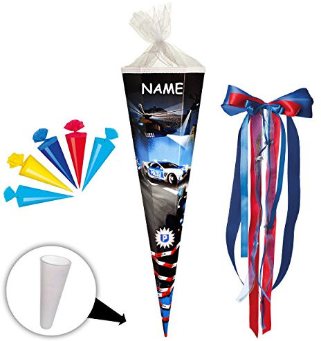 alles-meine.de GmbH Set Schultüte + 5 kleine Zuckertüten - Polizei Auto - Fahrzeug & Helikopter - 35 cm - rund - incl. Name und große Schleife - mit Filzabschluß - Zuckertü..