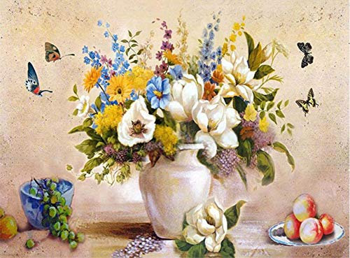 ABEUTY Wandkunst weiße Vase & Schmetterling Malen nach Zahlen, DIY Ölgemälde auf Leinwand Gemälde 40x50cm
