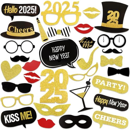 HOWAF 2026 Silvester Foto Requisiten Schwarz Gold Neujahr Photo Booth Props Hut Brille Fotobox Accessoires für Erwachsene Kinder Silvester Party Zubehör Silvester Deko 2026 Dekoration, 26pcs