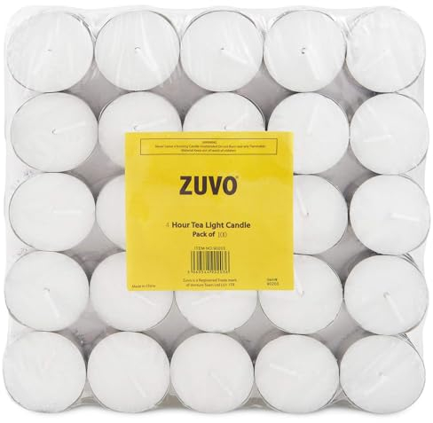 Zuvo 4-Hour Unscented Tea Light Candles (100-Pack) - Long-Lasting with Cotton Wicks, Clean Burning, 3.8 × 1.3 cm